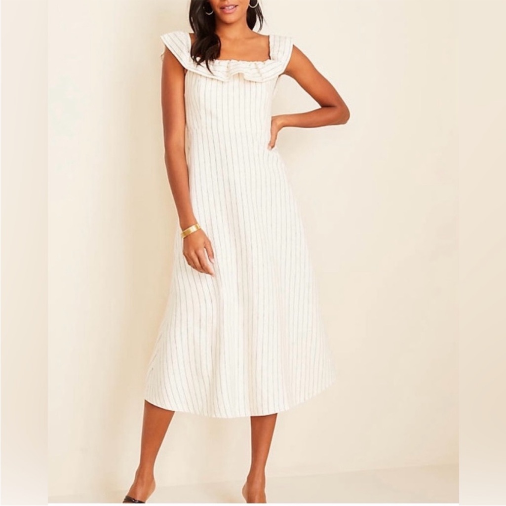 Ann Taylor Womens 14 Cream Striped Linen Blend Midi Spring Summer Preppy Dress